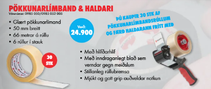 Mynd af 30 rúllur af pökkunarlímbandi og haldari